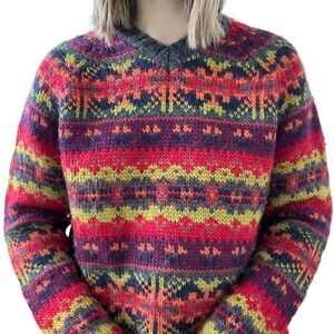 Vintage 90s Womens Hand Knit Fair Isle Chunky Wool Valerie Stevens Sweater Sz L